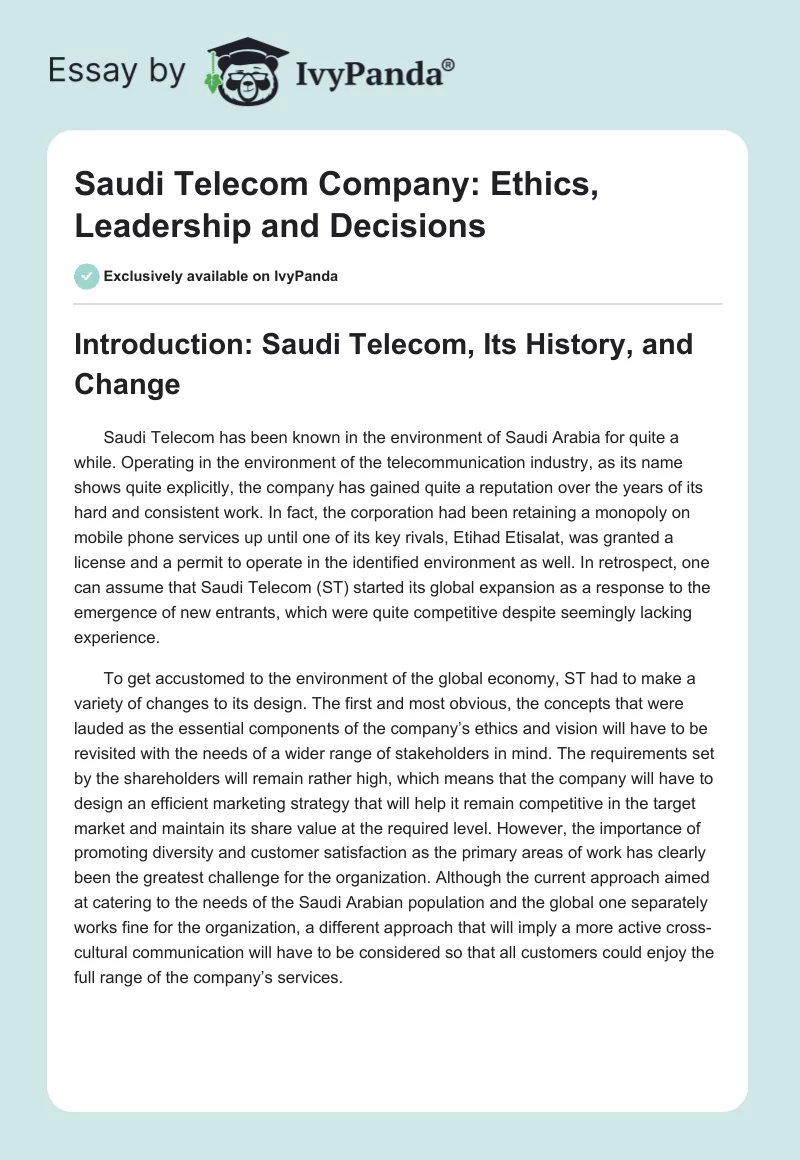 Saudi Telecom Company: Ethics, Leadership and Decisions. Page 1