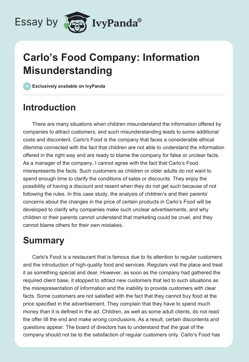 Carlo’s Food Company: Information Misunderstanding. Page 1