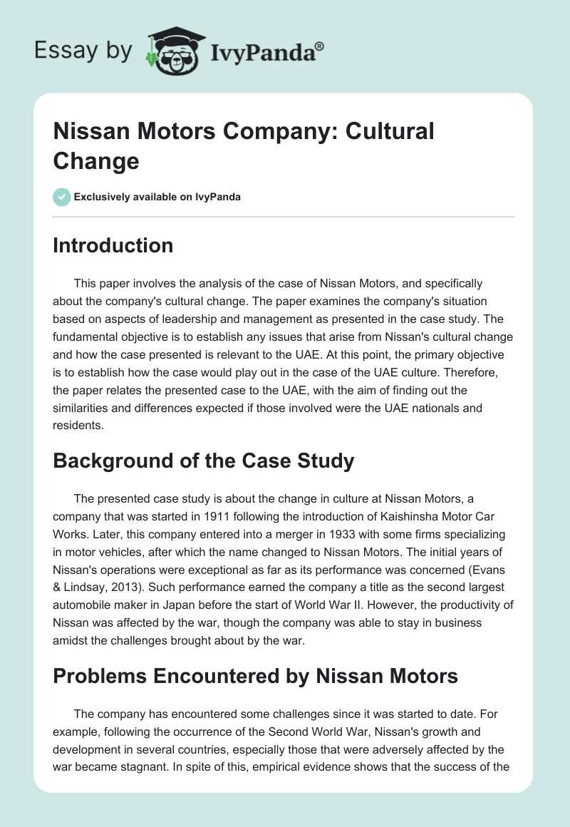 Nissan Motors Company: Cultural Change. Page 1