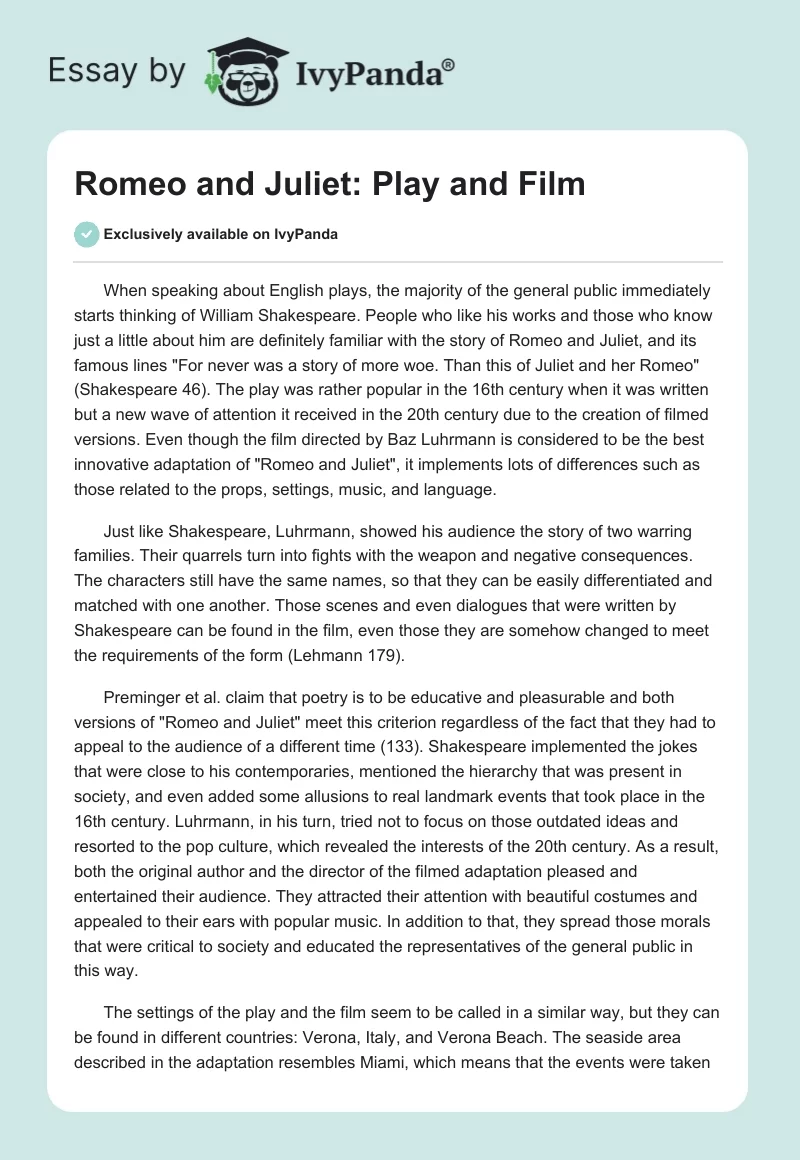 "Romeo and Juliet": Play and Film. Page 1