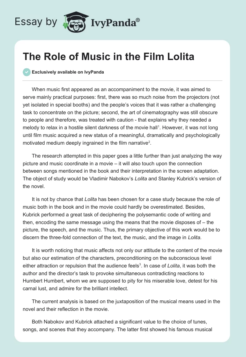 The Role of Music in the Film "Lolita". Page 1