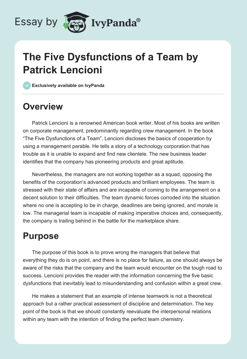 "The Five Dysfunctions of a Team" by Patrick Lencioni. Page 1
