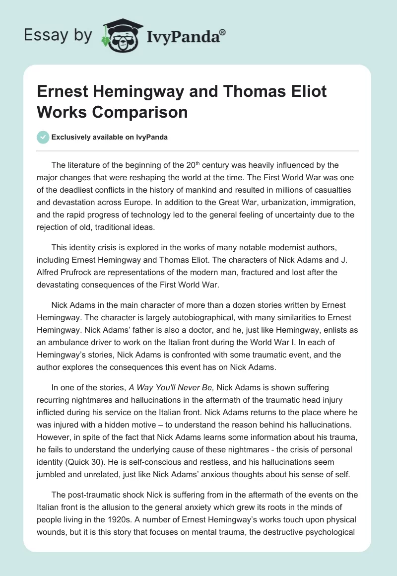 Ernest Hemingway and Thomas Eliot Works Comparison. Page 1