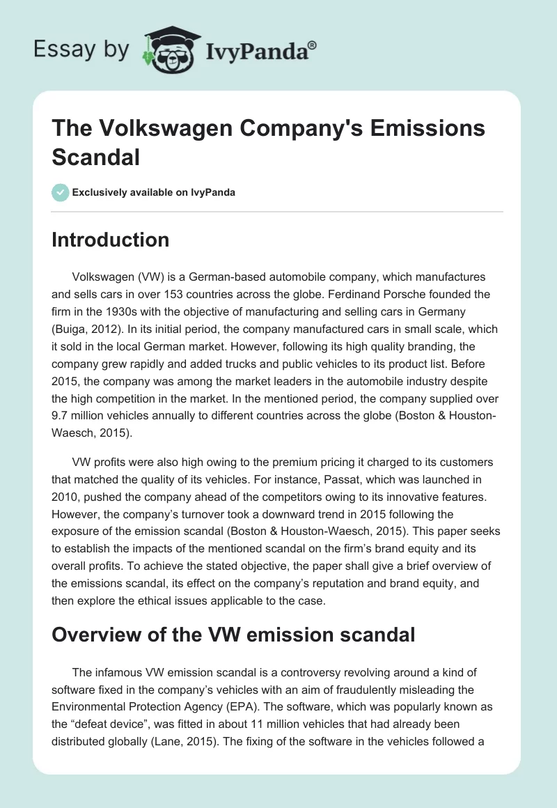 The Volkswagen Company's Emissions Scandal. Page 1