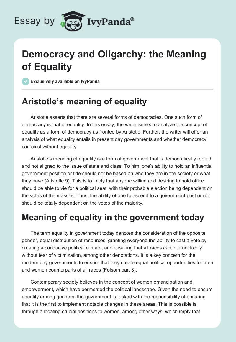 Democracy and Oligarchy: the Meaning of Equality. Page 1