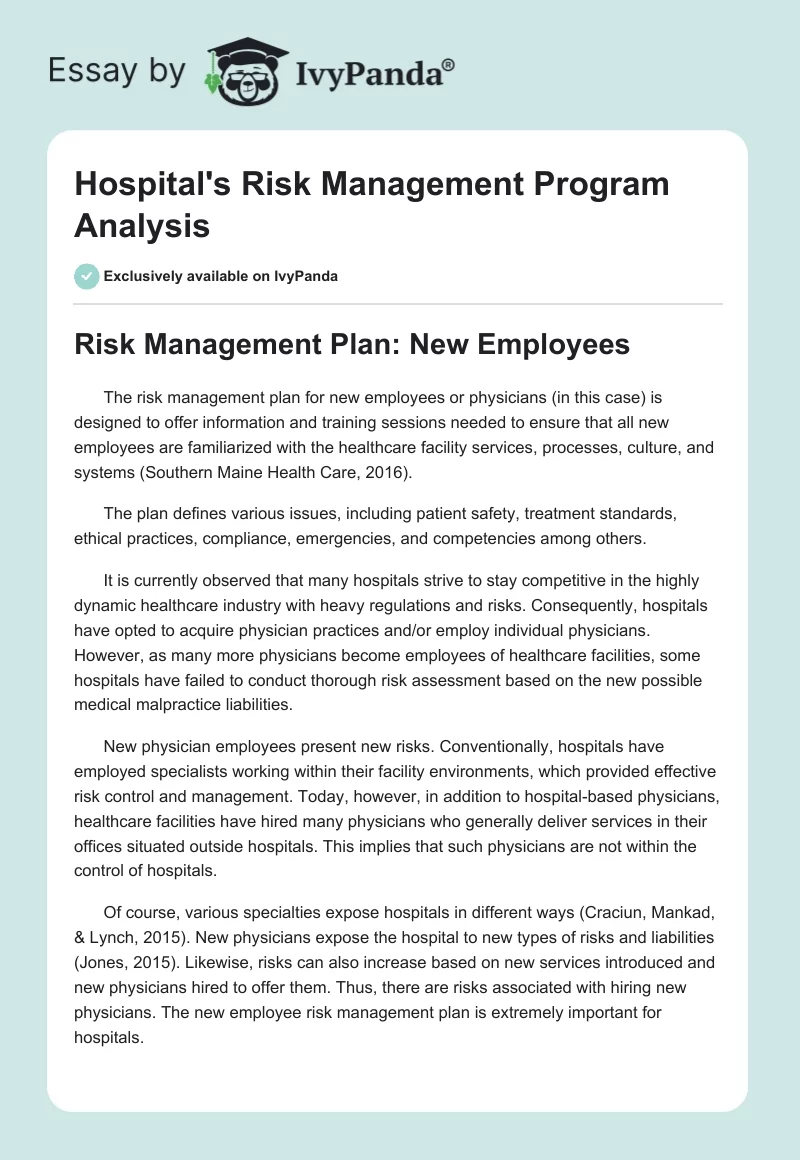 Hospital's Risk Management Program Analysis. Page 1