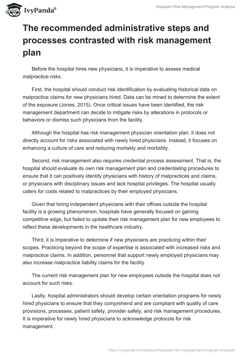 Hospital's Risk Management Program Analysis. Page 2