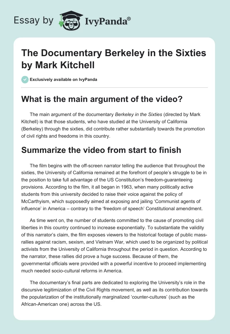 The Documentary "Berkeley in the Sixties" by Mark Kitchell. Page 1