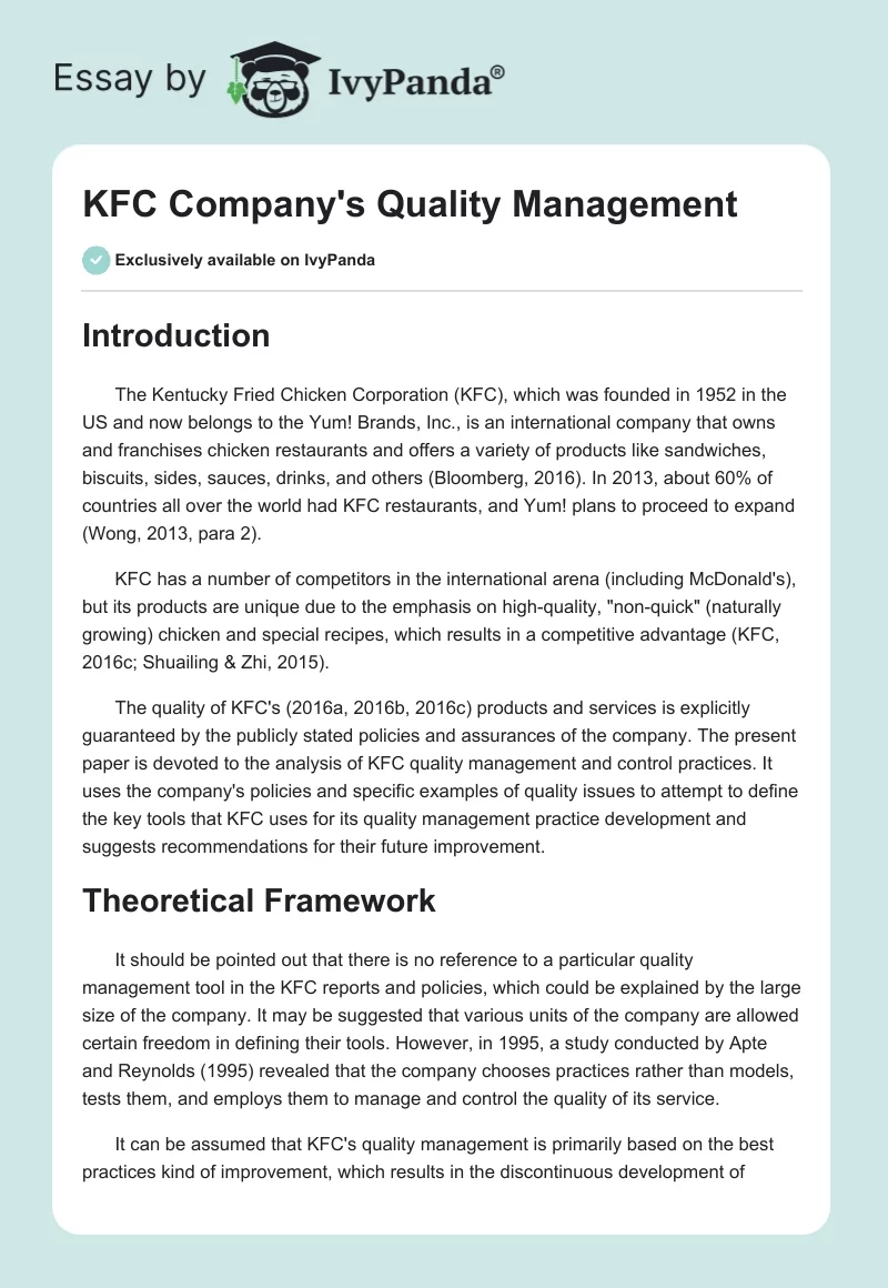 KFC Company's Quality Management. Page 1