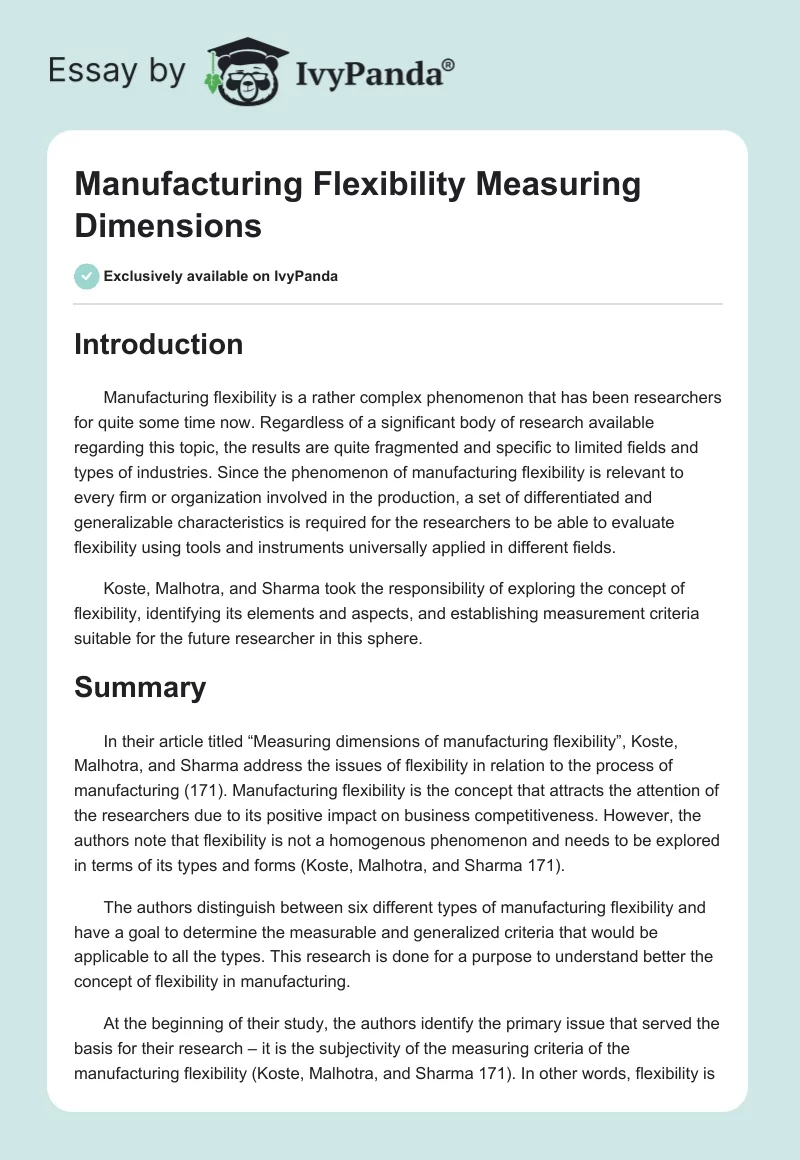 Manufacturing Flexibility Measuring Dimensions. Page 1