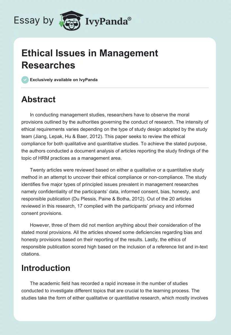 Ethical Issues in Management Researches. Page 1