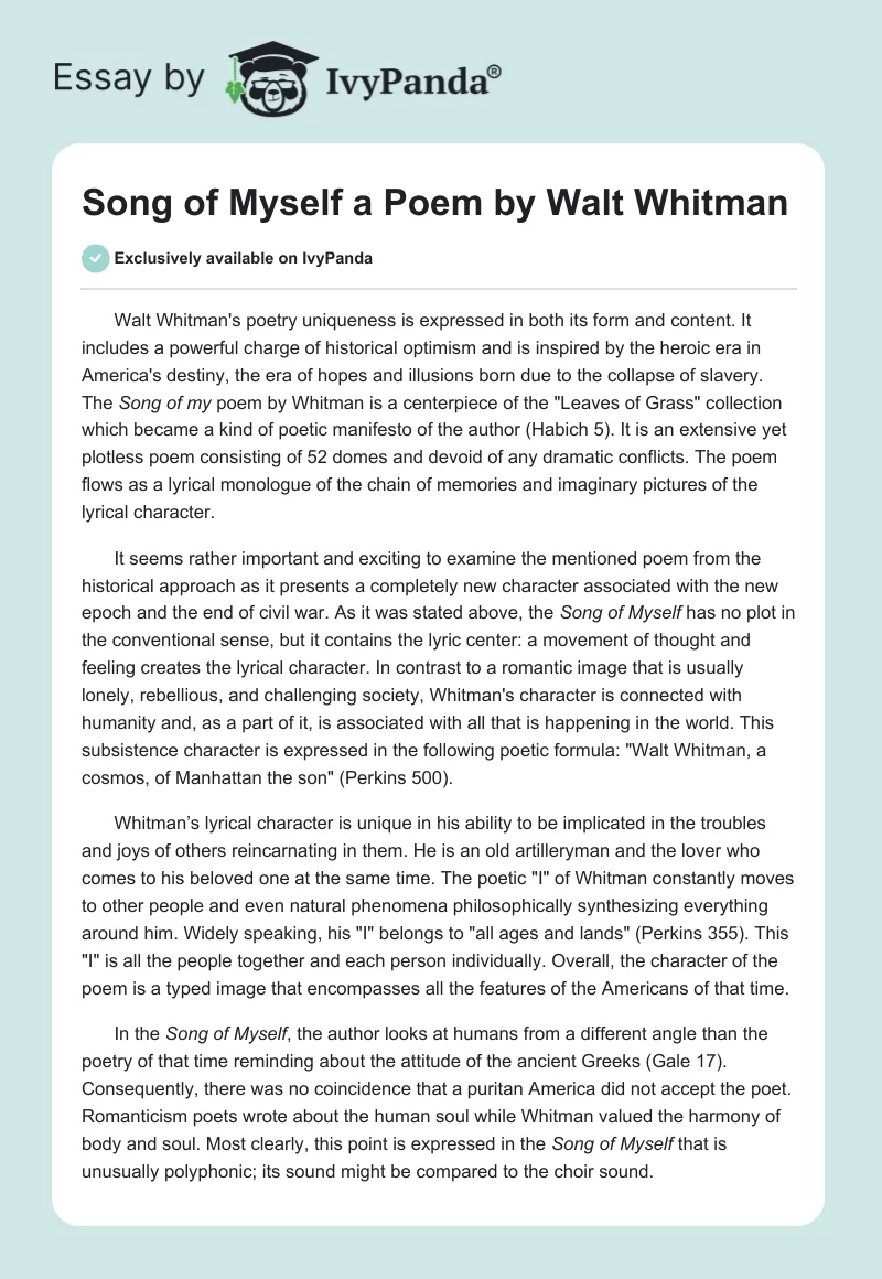 "Song of Myself" a Poem by Walt Whitman. Page 1