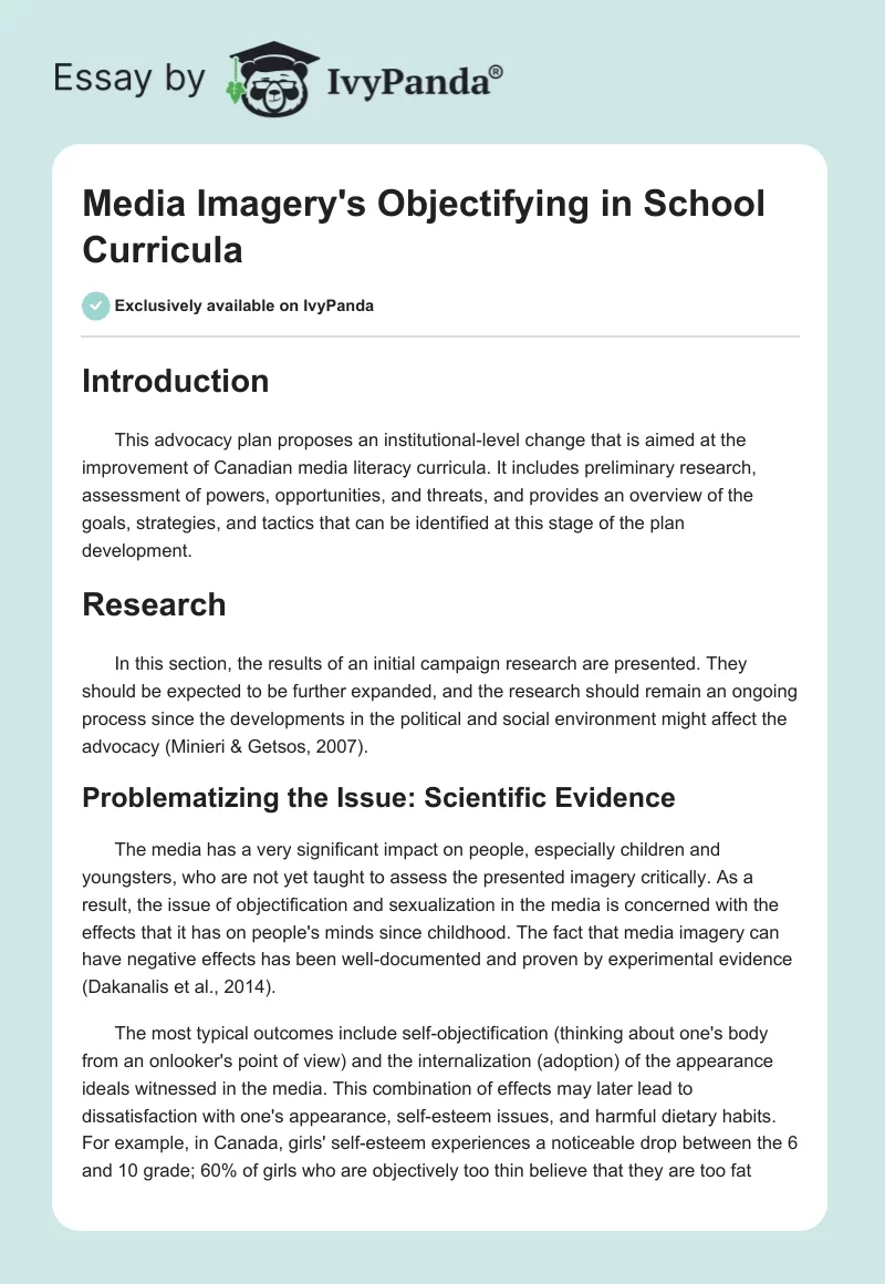 Media Imagery's Objectifying in School Curricula. Page 1