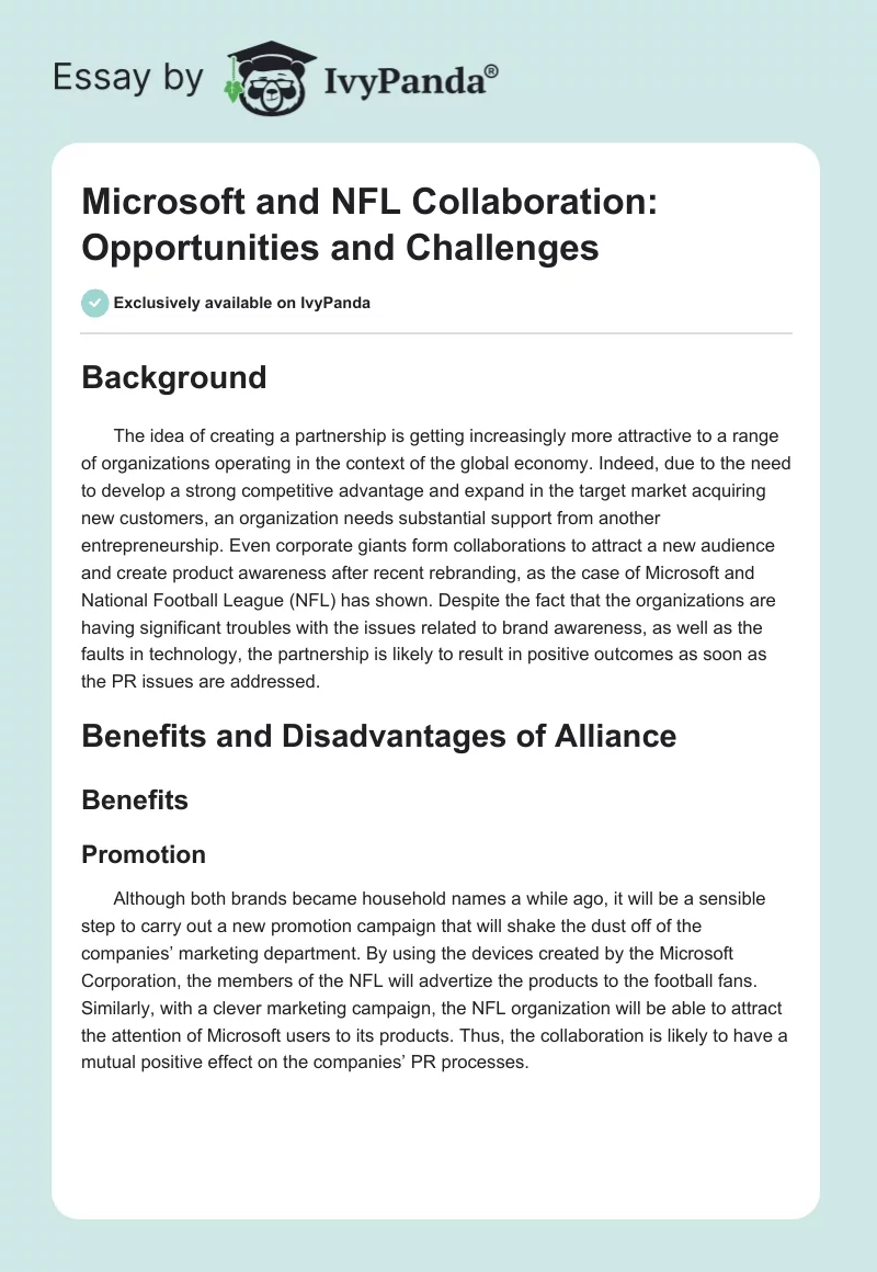 Microsoft and NFL Collaboration: Opportunities and Challenges. Page 1