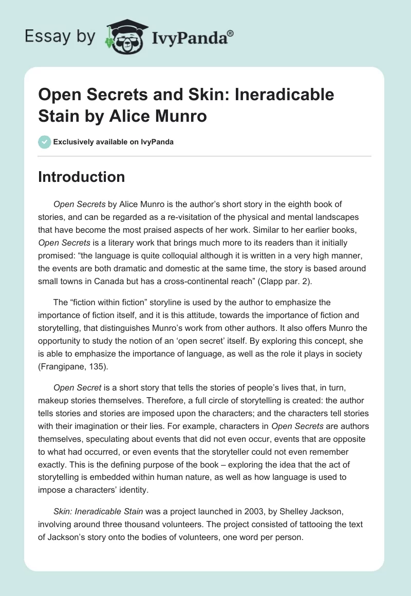 "Open Secrets" and "Skin: Ineradicable Stain" by Alice Munro. Page 1