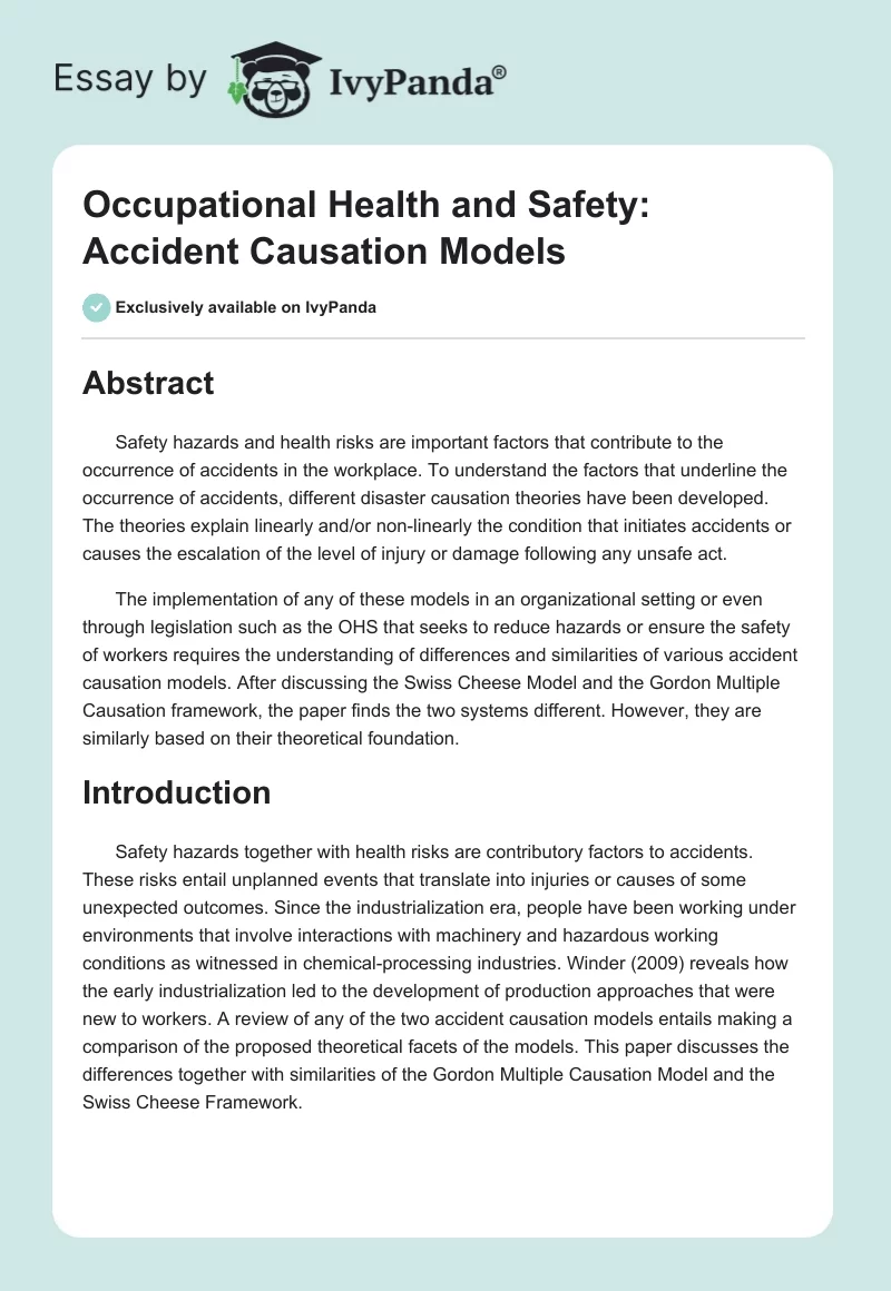 Occupational Health and Safety: Accident Causation Models. Page 1