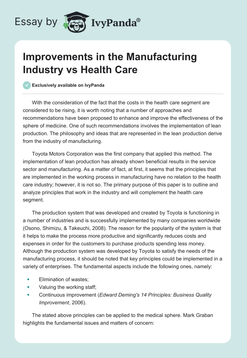 Improvements in the Manufacturing Industry vs Health Care. Page 1