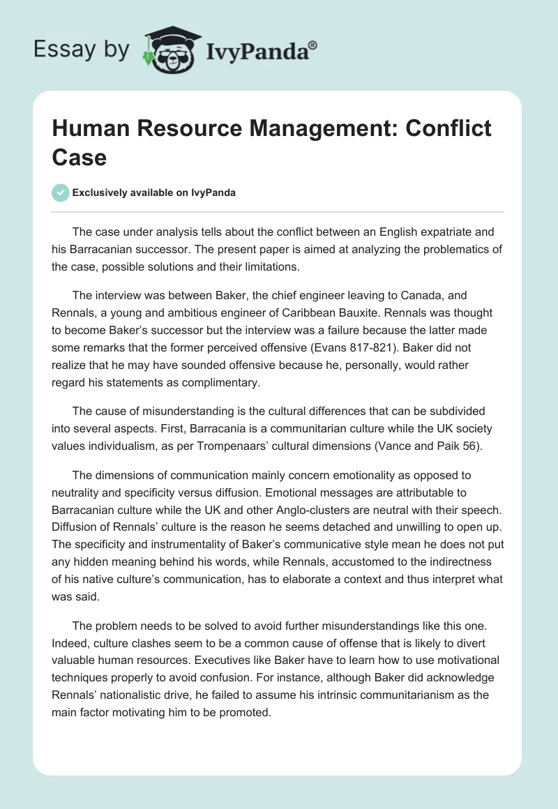 Human Resource Management: Conflict Case. Page 1