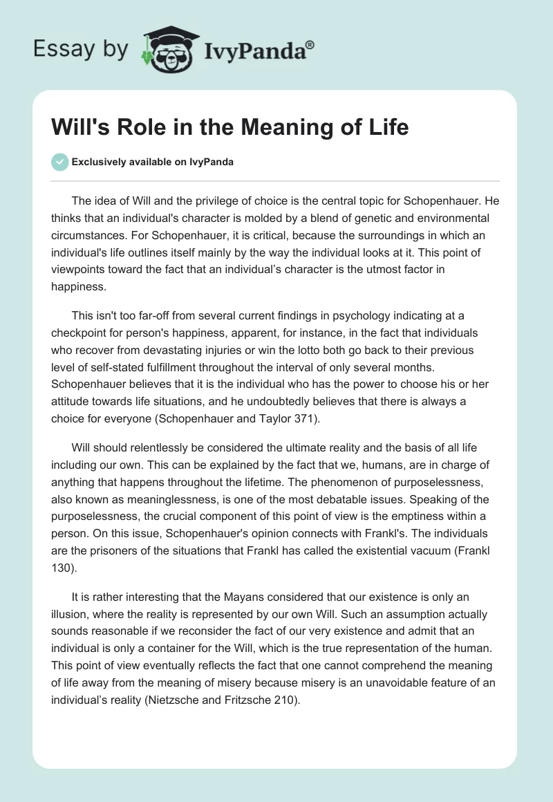 Will's Role in the Meaning of Life. Page 1