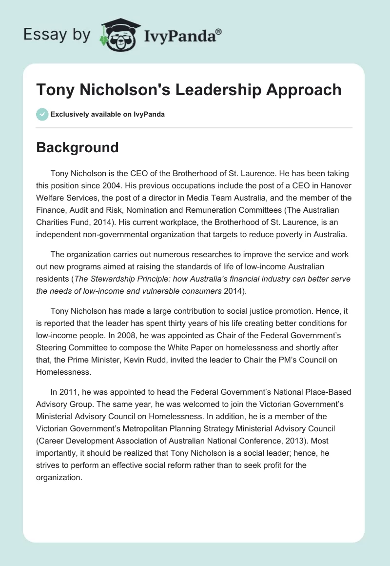 Tony Nicholson's Leadership Approach. Page 1