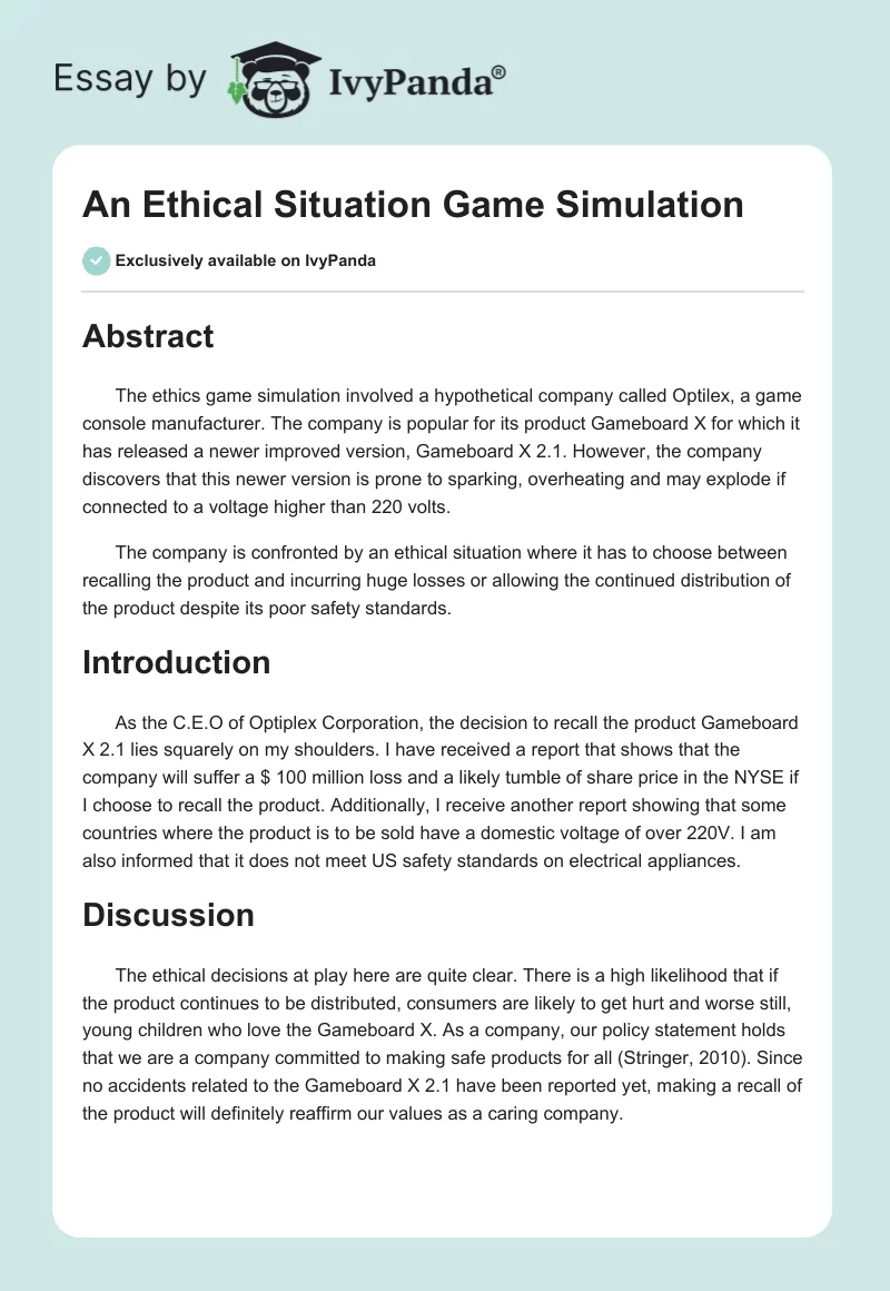 An Ethical Situation Game Simulation. Page 1