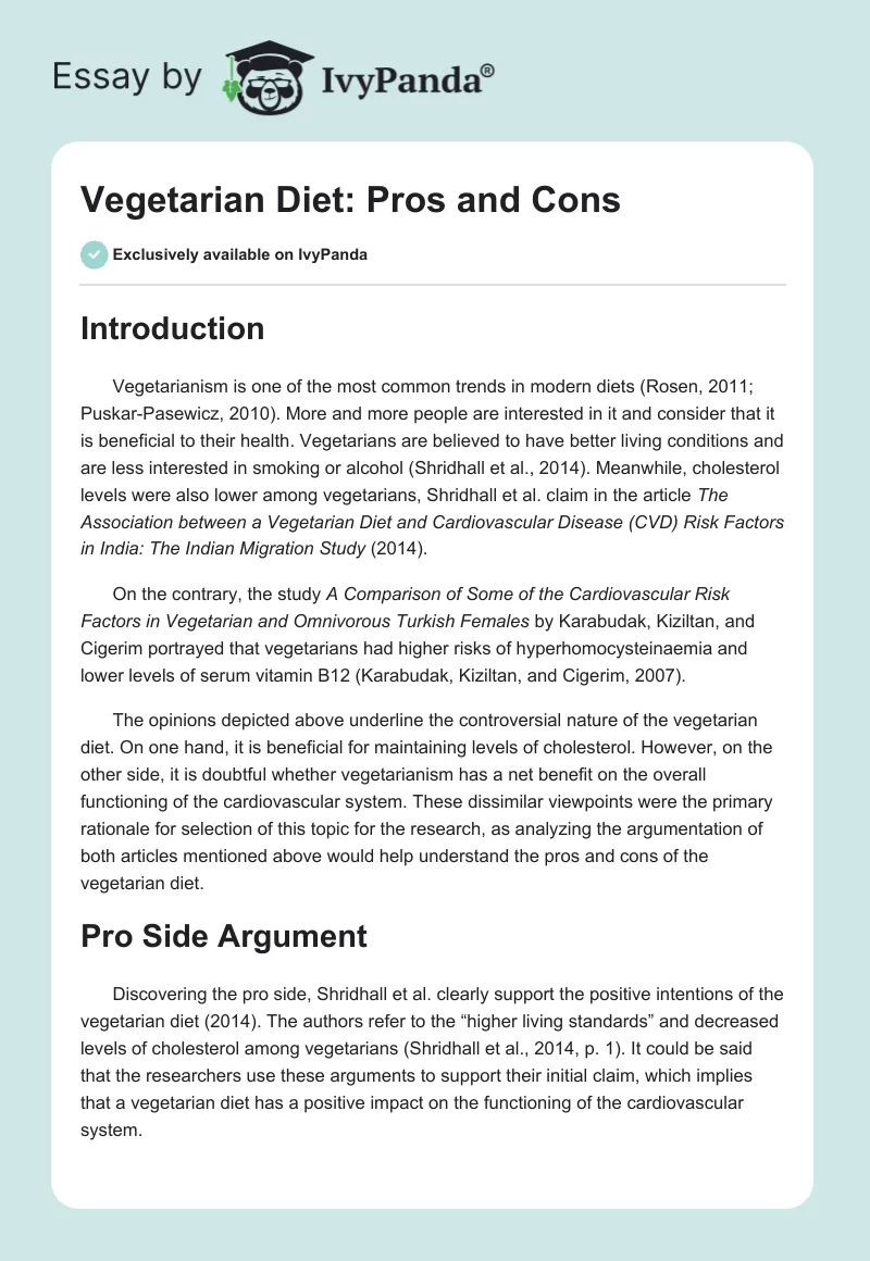 Vegetarian Diet: Pros and Cons. Page 1