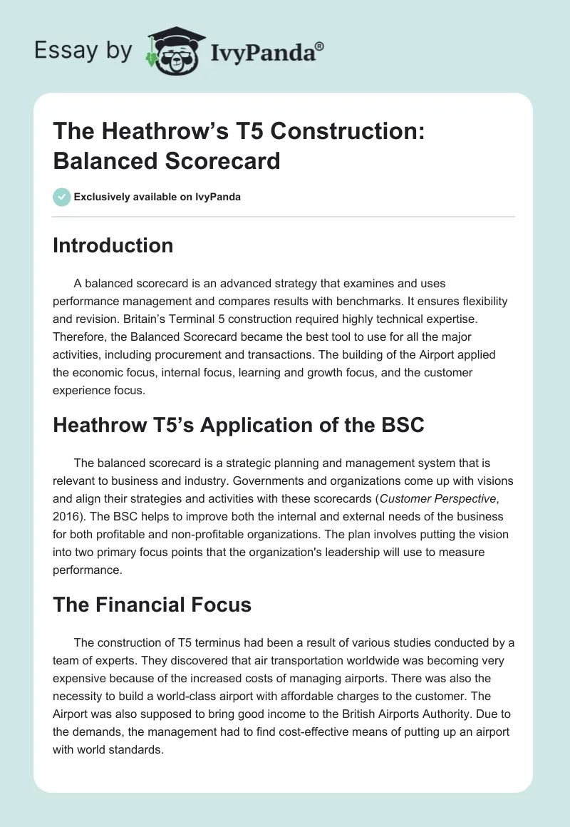 The Heathrow’s T5 Construction: Balanced Scorecard. Page 1