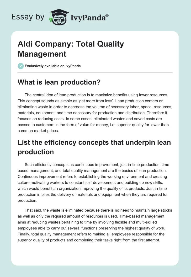 Aldi Company: Total Quality Management. Page 1