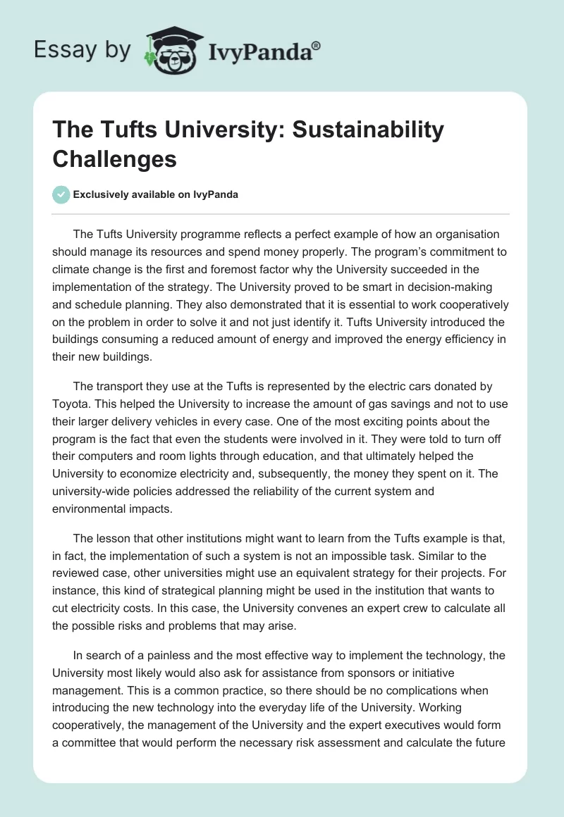 The Tufts University: Sustainability Challenges. Page 1
