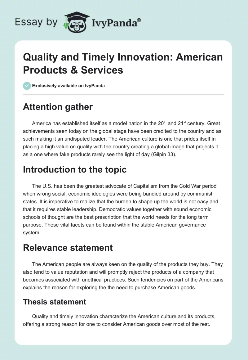 Quality and Timely Innovation: American Products & Services. Page 1