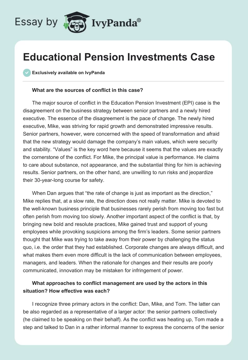 Educational Pension Investments Case. Page 1