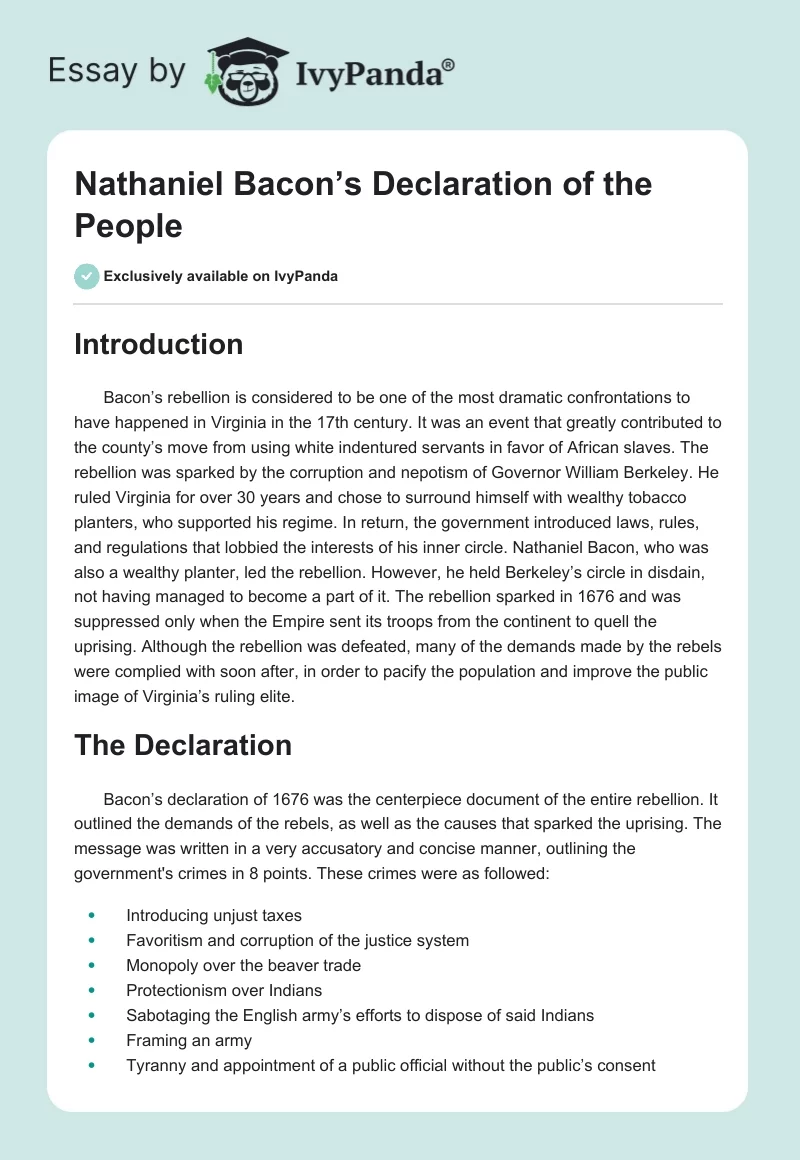 Nathaniel Bacon’s Declaration of the People. Page 1
