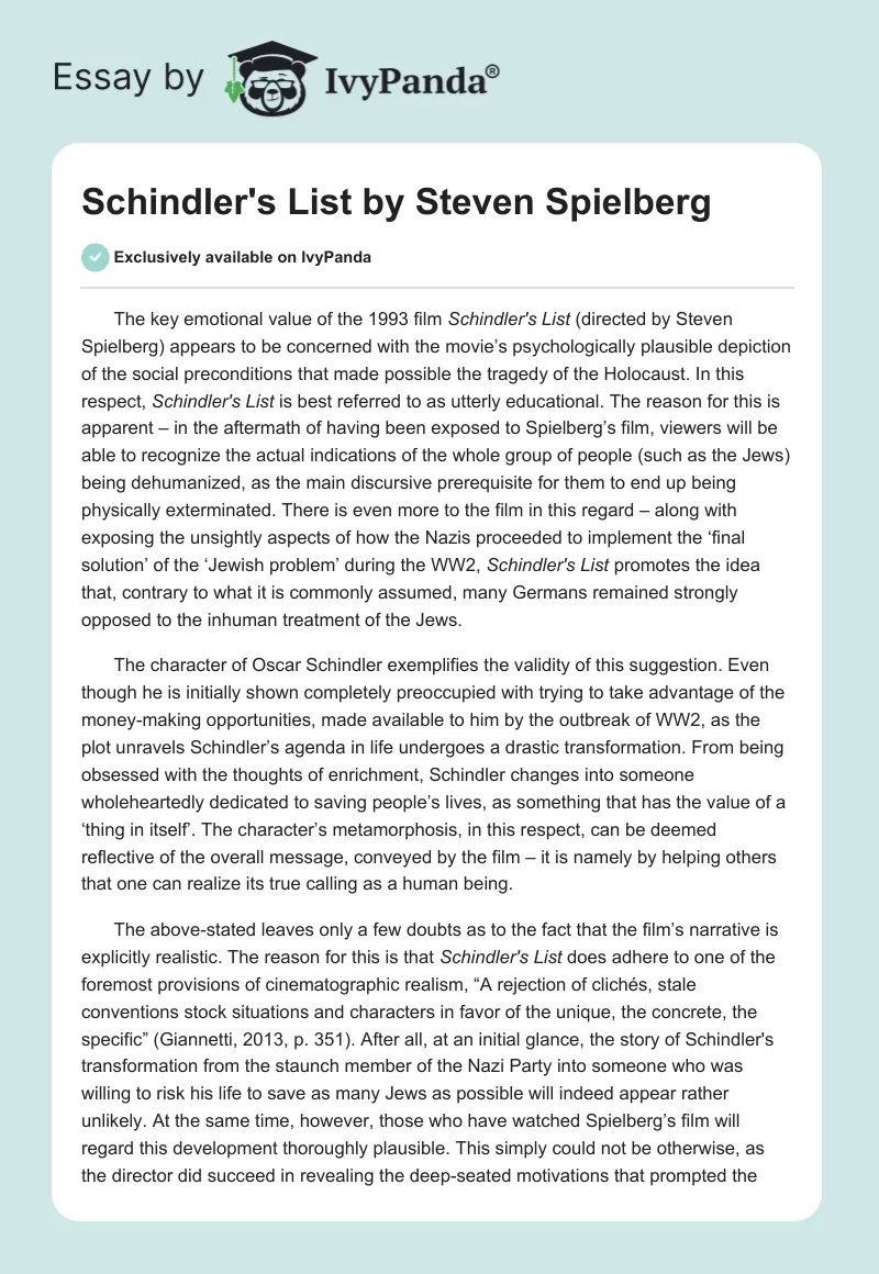Schindler’s List Film Analysis Essay. Page 1
