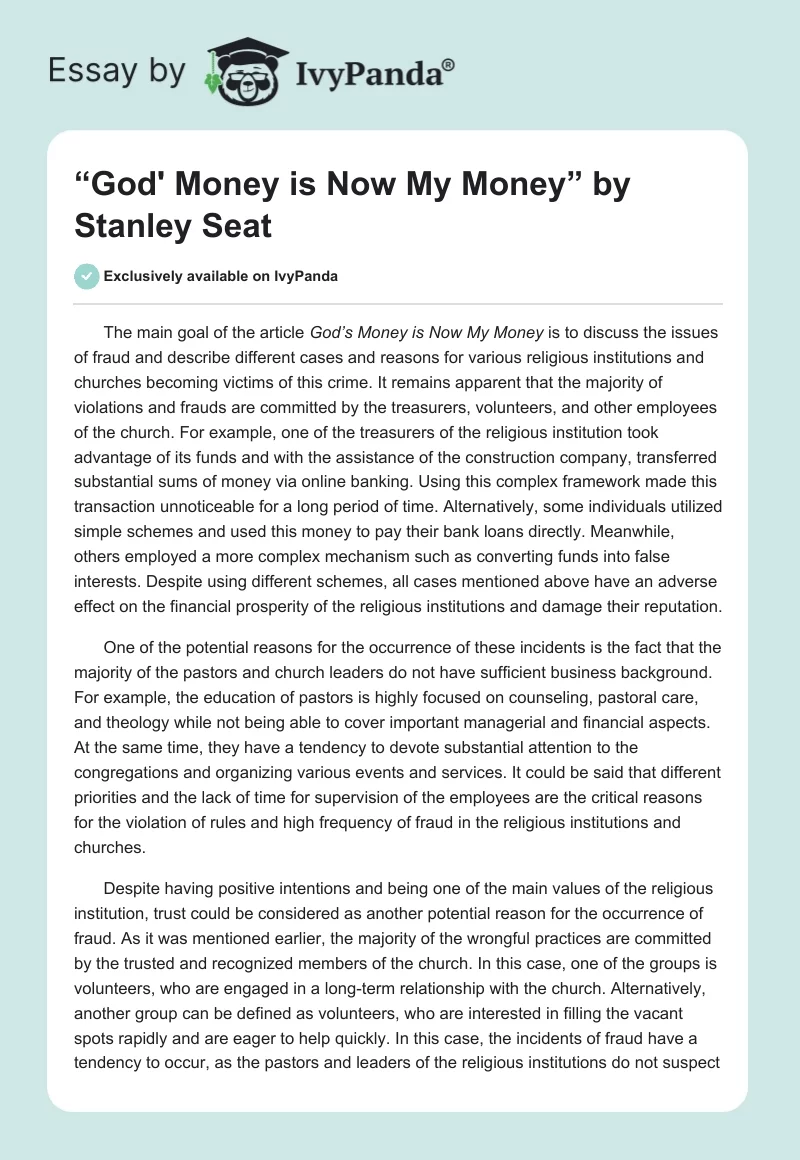 “God' Money is Now My Money” by Stanley Seat. Page 1