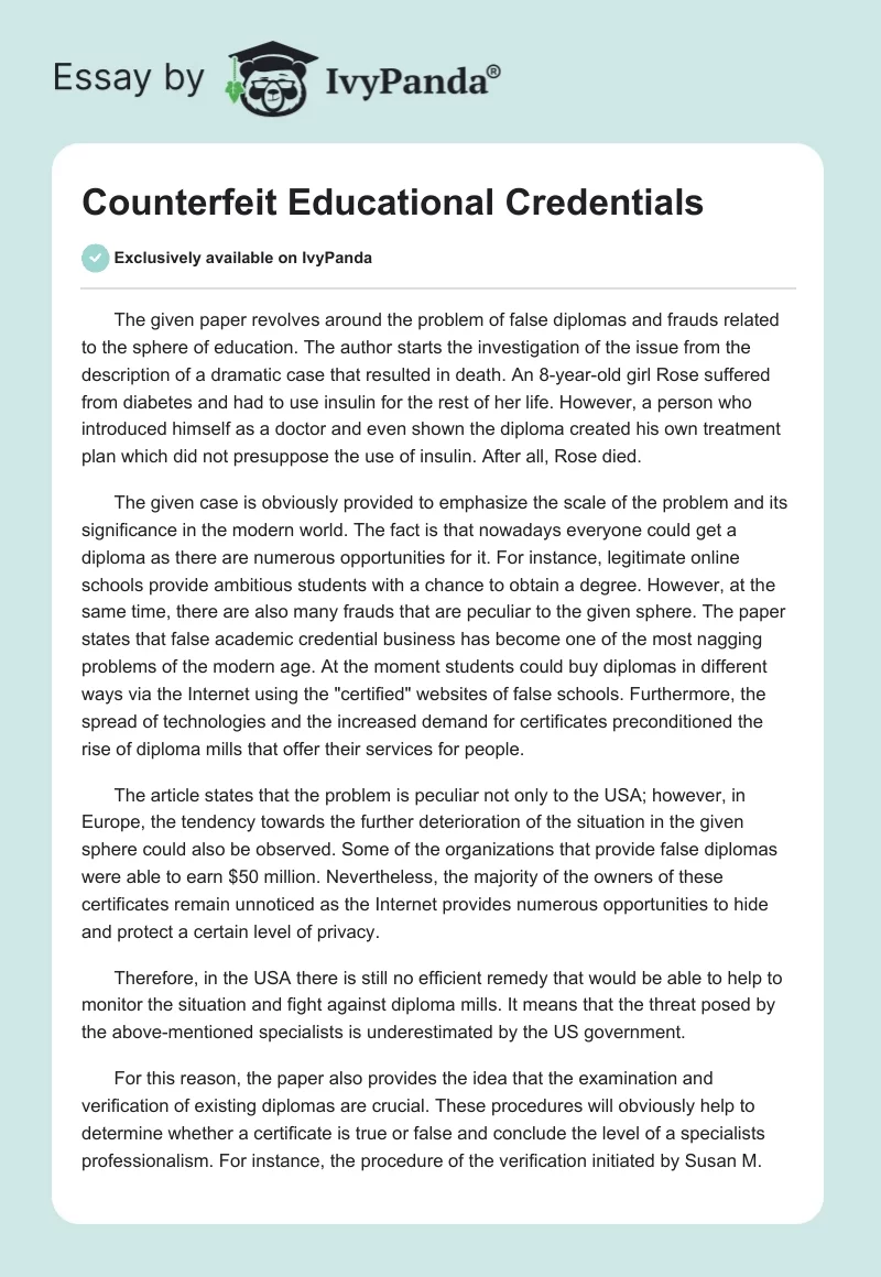 Counterfeit Educational Credentials. Page 1