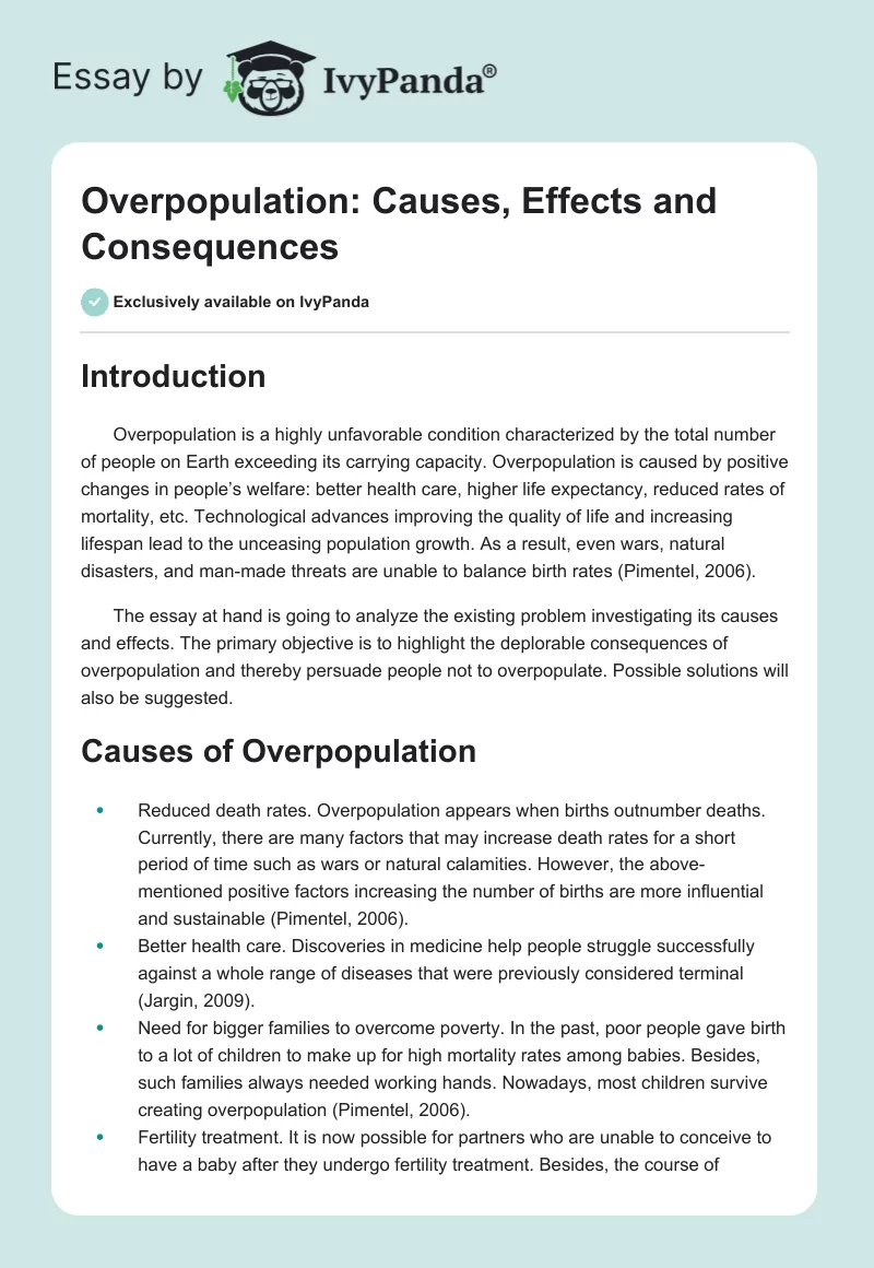 Overpopulation: Causes, Effects and Consequences. Page 1