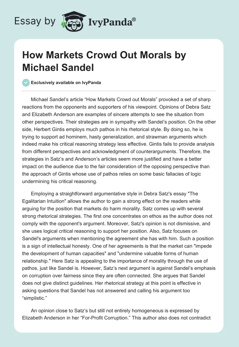 "How Markets Crowd Out Morals" by Michael Sandel. Page 1