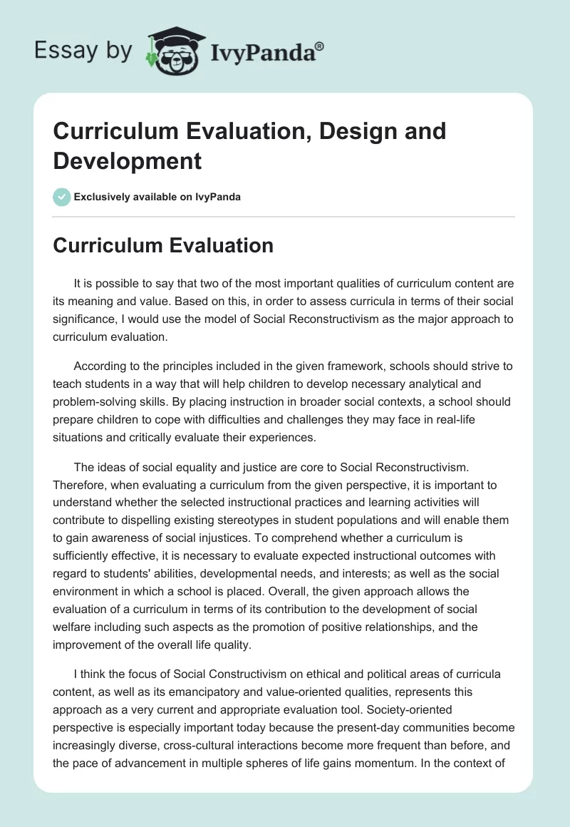 Curriculum Evaluation, Design and Development. Page 1
