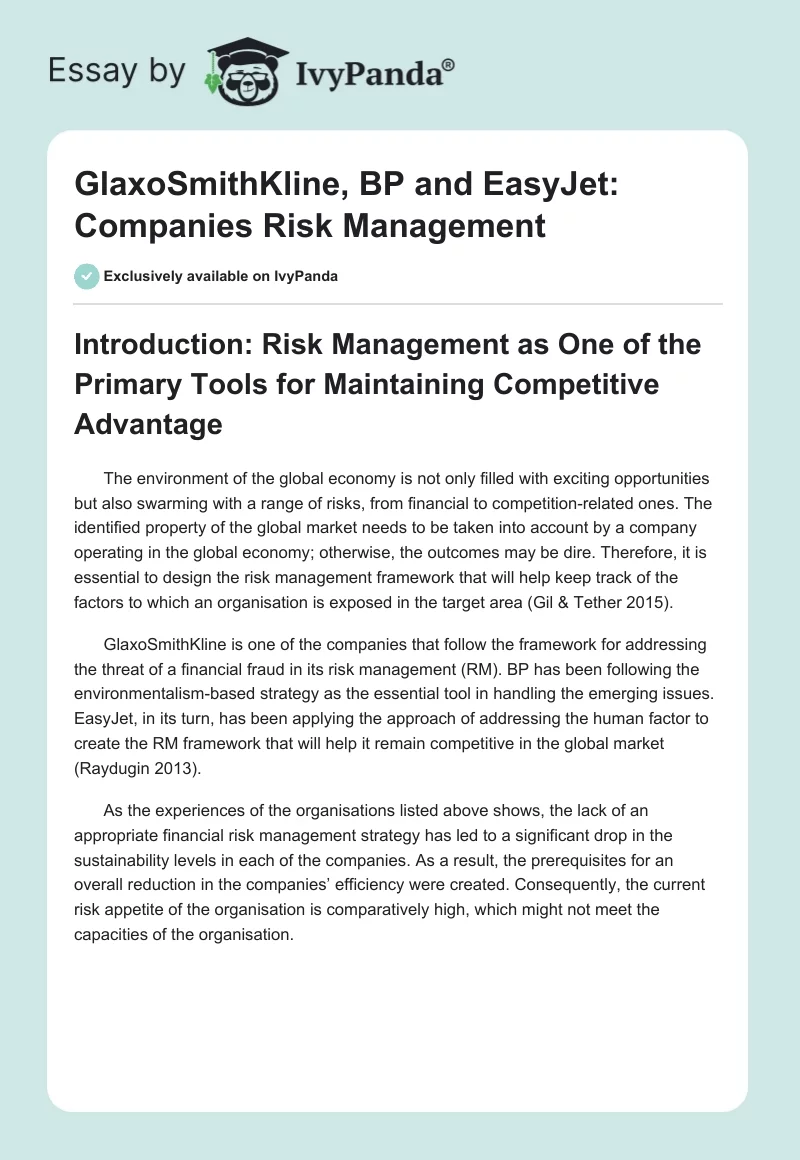 GlaxoSmithKline, BP and EasyJet: Companies Risk Management. Page 1