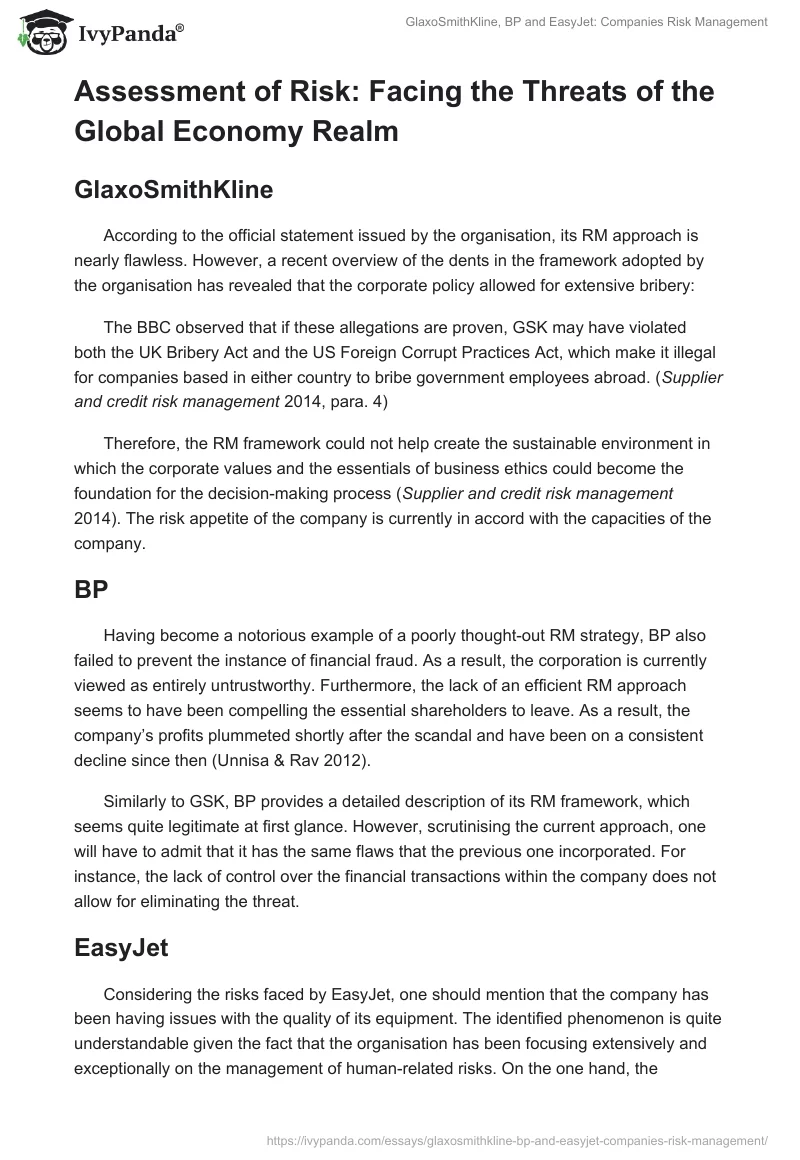 GlaxoSmithKline, BP and EasyJet: Companies Risk Management. Page 2