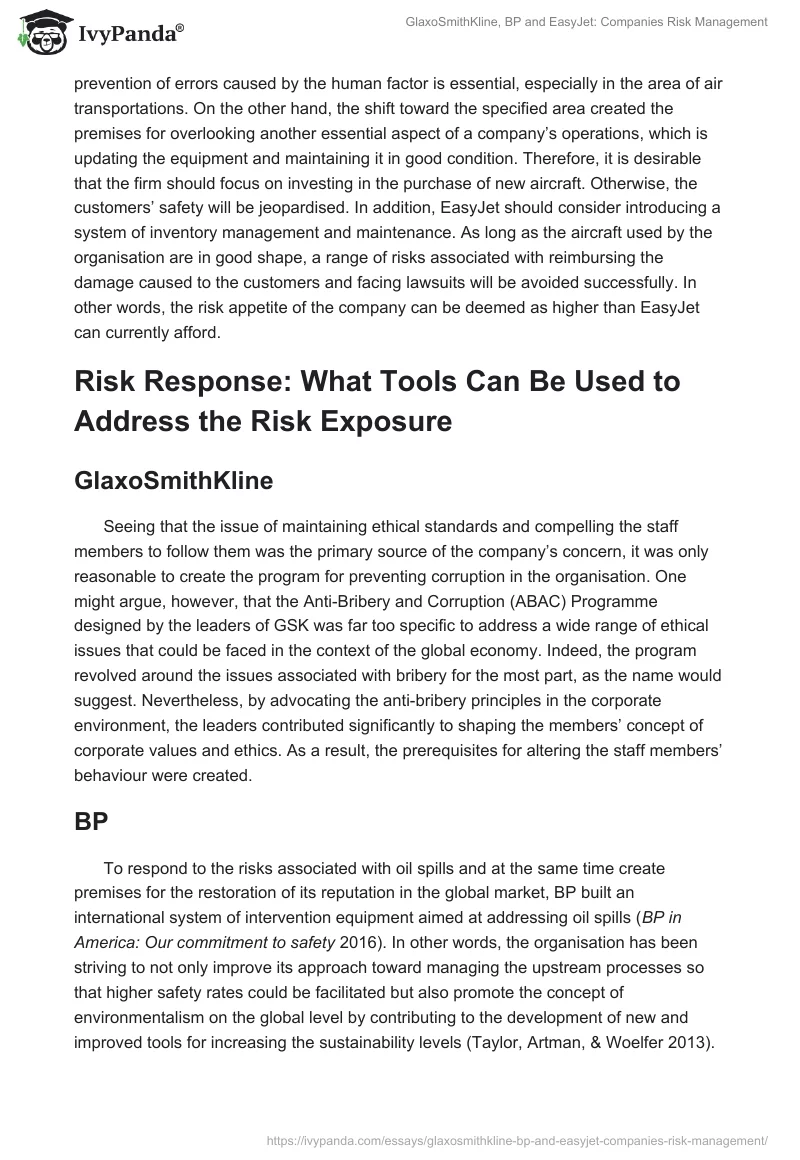 GlaxoSmithKline, BP and EasyJet: Companies Risk Management. Page 3