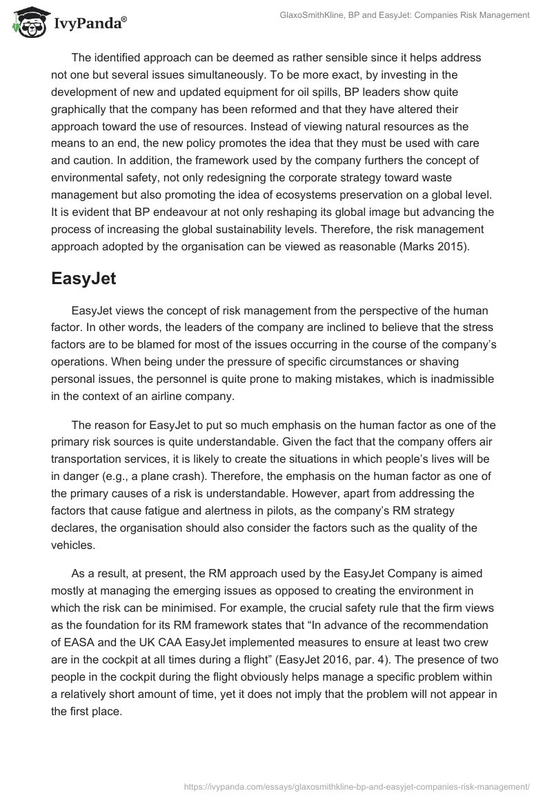 GlaxoSmithKline, BP and EasyJet: Companies Risk Management. Page 4