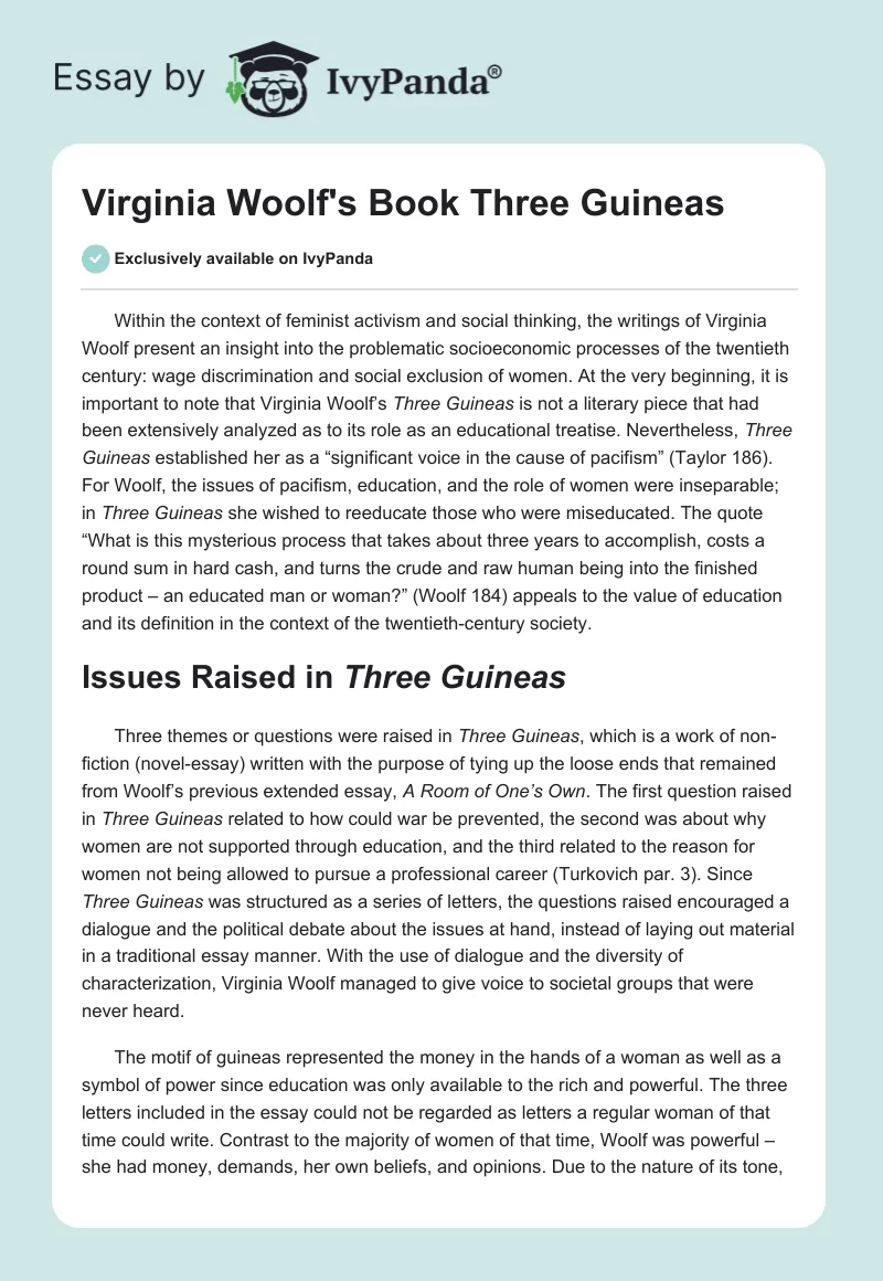 Virginia Woolf's Book "Three Guineas". Page 1