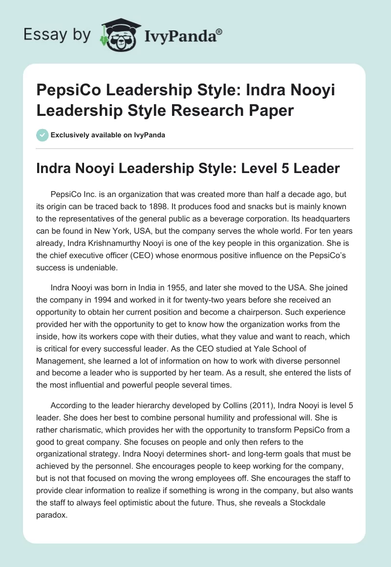 PepsiCo Leadership Style: Indra Nooyi Leadership Style. Page 1