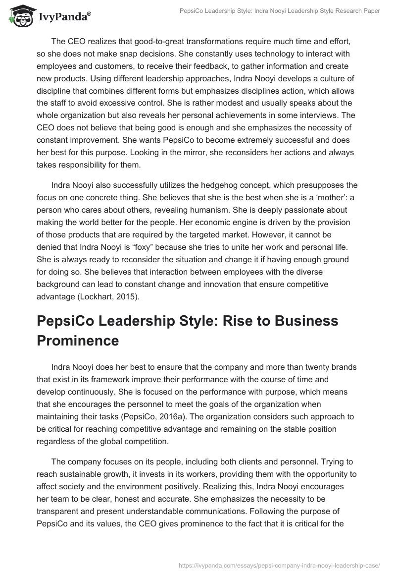 PepsiCo Leadership Style: Indra Nooyi Leadership Style. Page 2