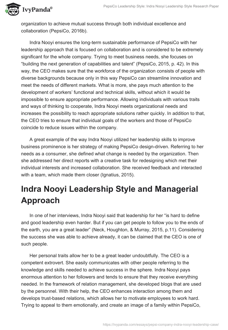 PepsiCo Leadership Style: Indra Nooyi Leadership Style. Page 3