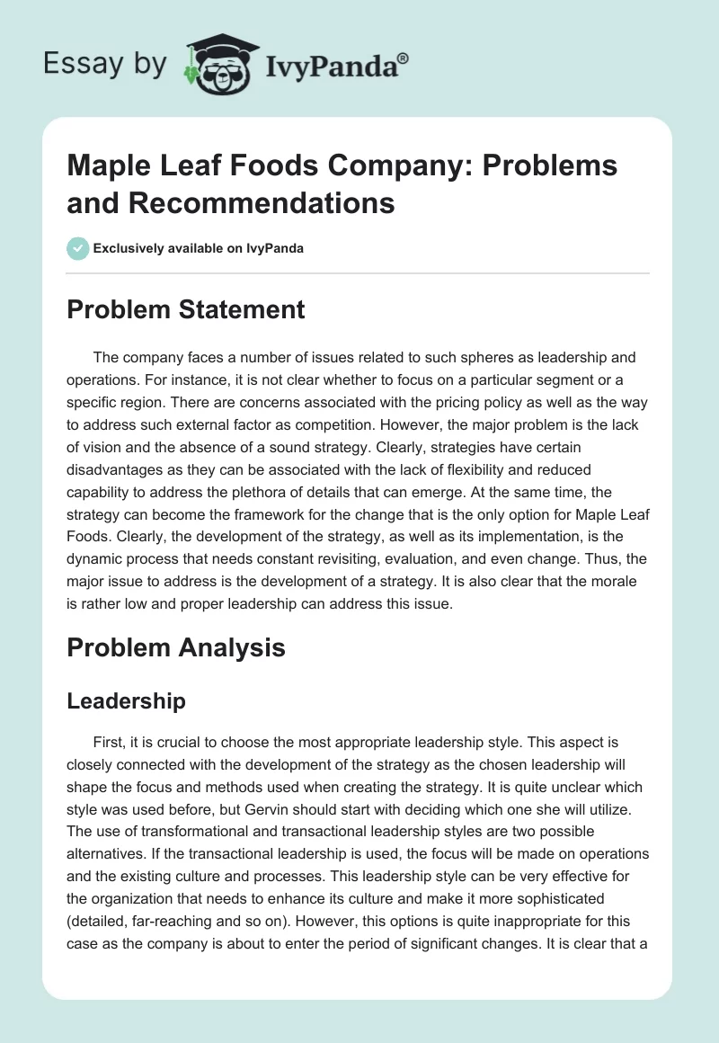 Maple Leaf Foods Company: Problems and Recommendations. Page 1