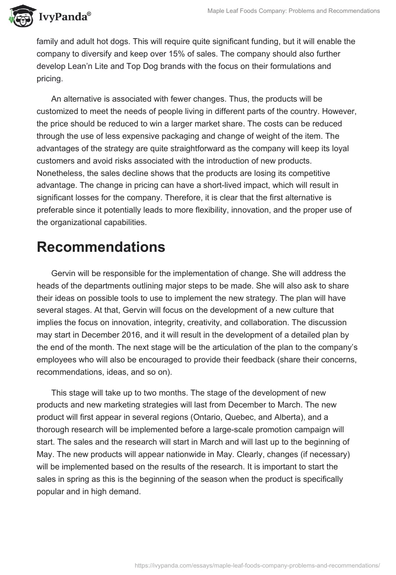 Maple Leaf Foods Company: Problems and Recommendations. Page 3
