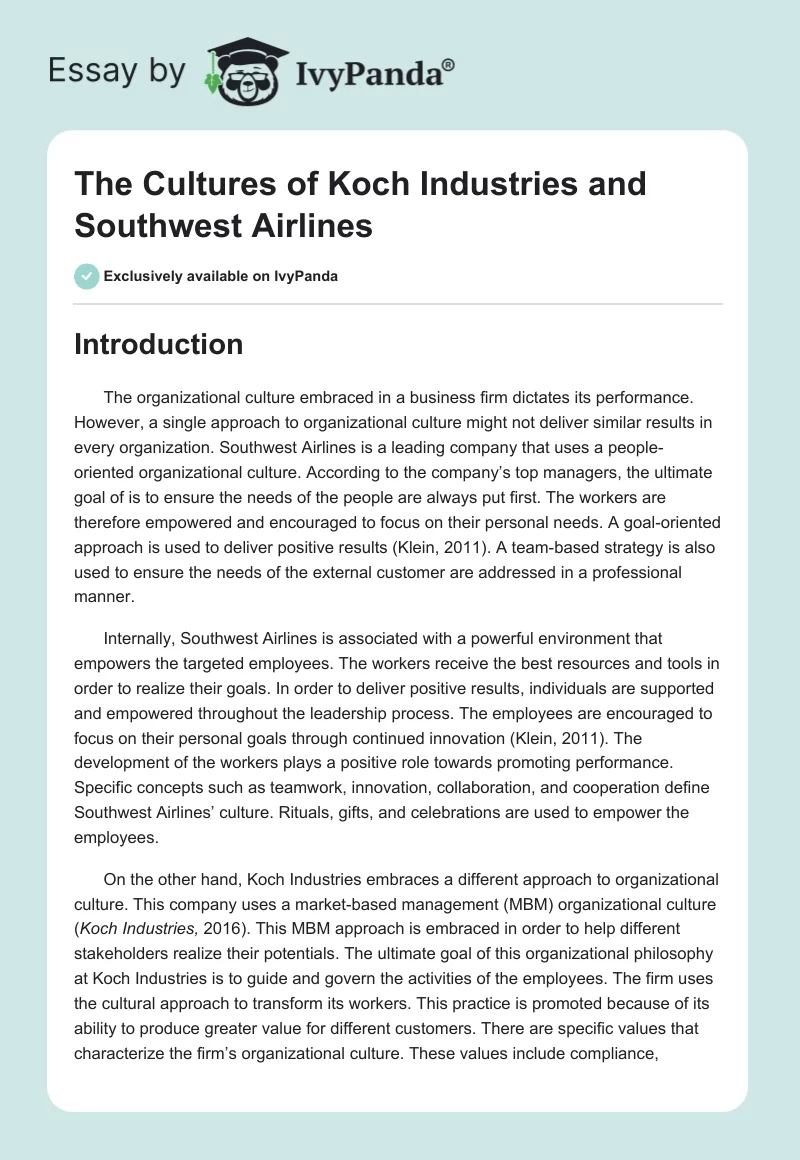 The Cultures of Koch Industries and Southwest Airlines. Page 1
