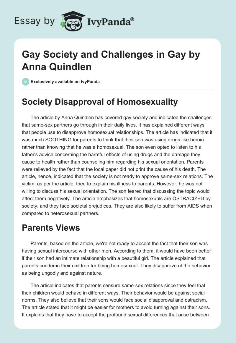 Gay Society and Challenges in "Gay" by Anna Quindlen. Page 1